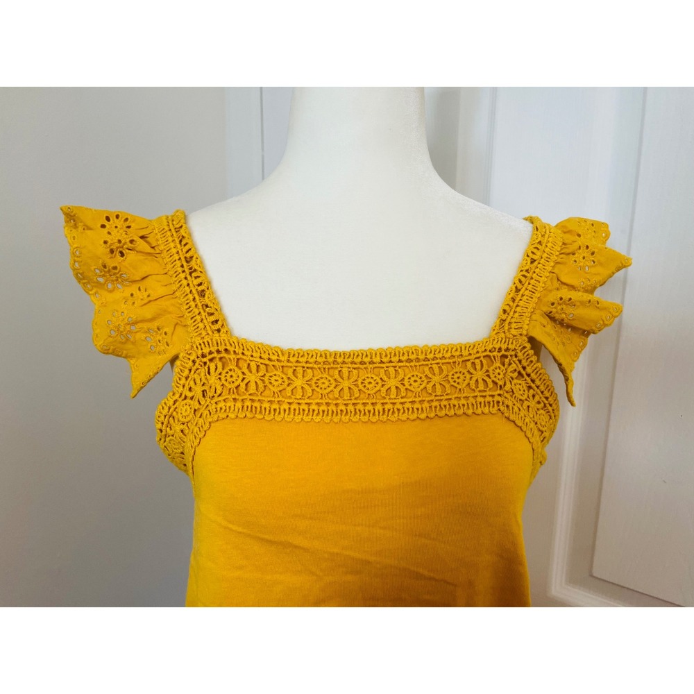 George Eyelet Tank Top Ruffle Sleeve Crochet Trim Yellow XS - Picture 2 of 7